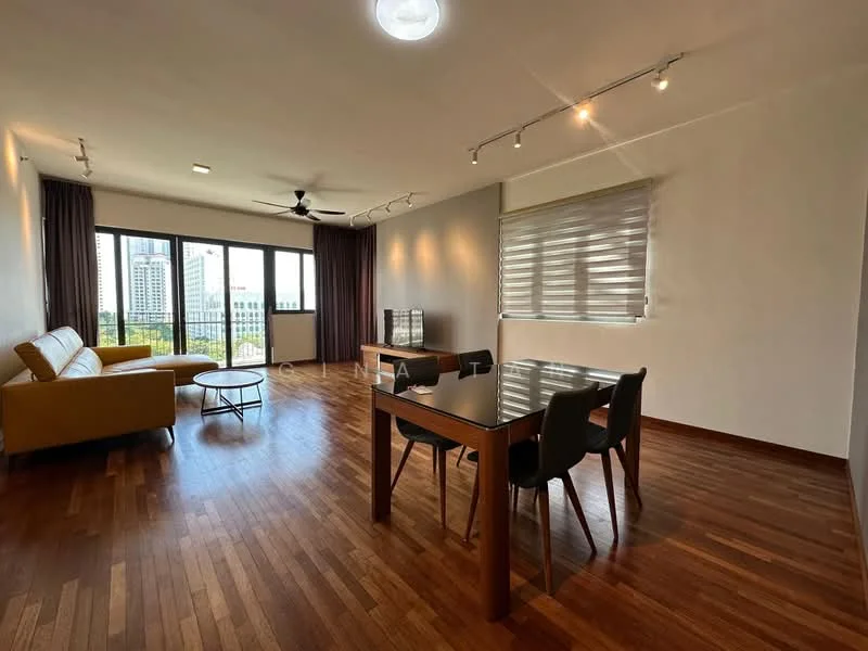 Living features: 3-seater leather sofa in beige, wooden coffee table, 4-seater dining table, upholstered dining chairs, floor-to-ceiling windows, city view, wooden flooring, recessed downlights, ceiling fan, sheer curtains; style: modern; view: city.
