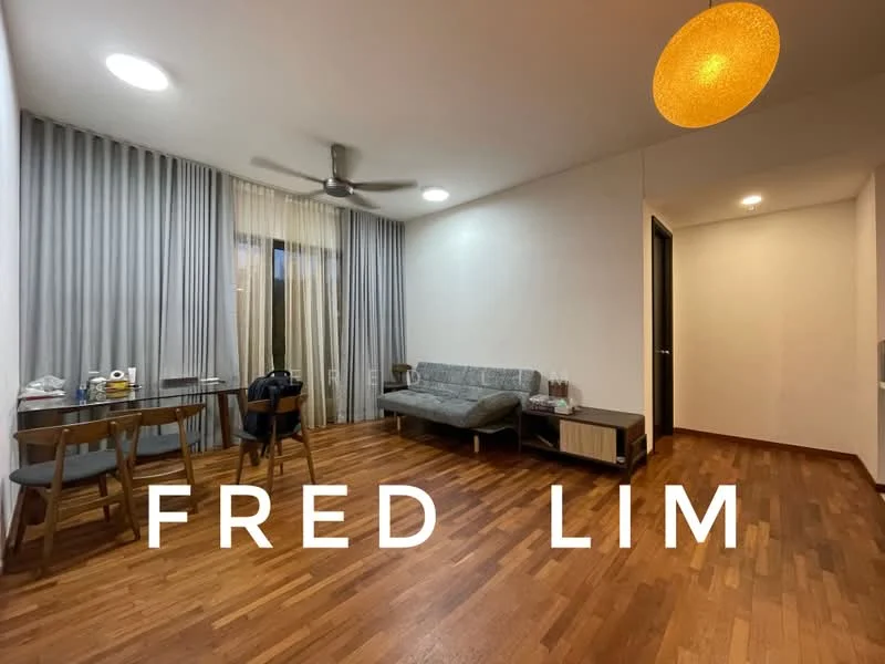 Living features: wooden flooring, grey fabric sofa, 4-seater dining table, ceiling fan, recessed downlights, floor-to-ceiling curtains, wall-mounted light fixture, decorative pendant light; style: modern.
