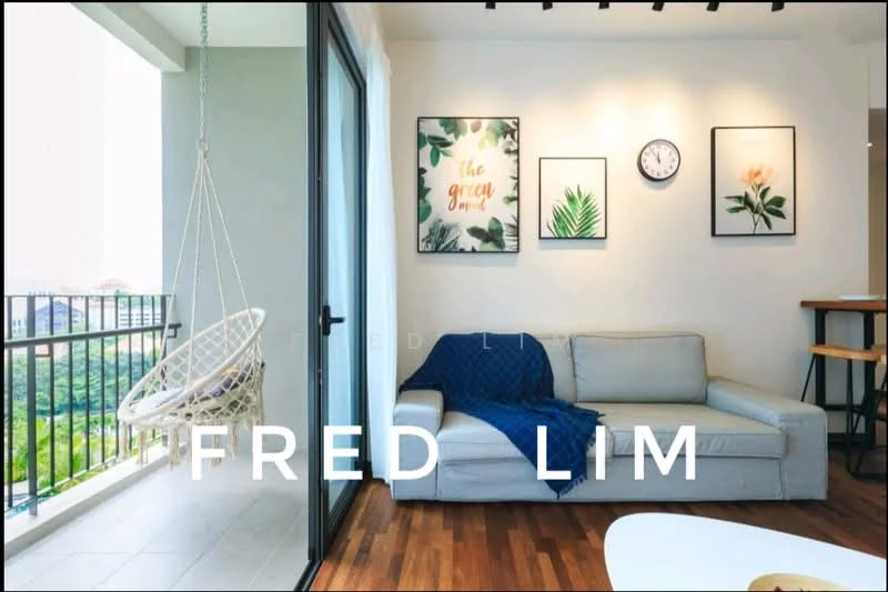 Living features: light grey fabric sofa, blue throw blanket, hanging rattan chair, wooden coffee table, wall-mounted clock, framed artwork with floral design, framed artwork with text, wooden flooring, floor-to-ceiling glass sliding door, balcony view; style: modern; view: garden.