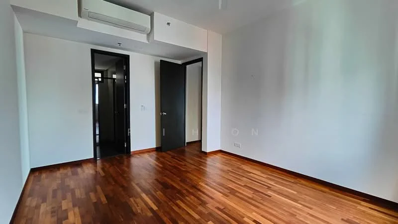 Room features: wooden flooring, white painted walls, 1 wall-mounted split AC, door leading to hallway, door leading to another room, ceiling with recessed lighting; style: modern.