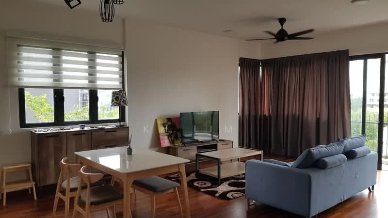 Living features: 3-seater fabric sofa in blue, coffee table with glass top, TV console, wall-mounted TV, area rug with geometric pattern, 5-blade ceiling fan, floor-to-ceiling windows, curtains, wooden flooring, dining table for 4 with white surface, wooden sideboard, decorative wall art; style: modern; view: garden.