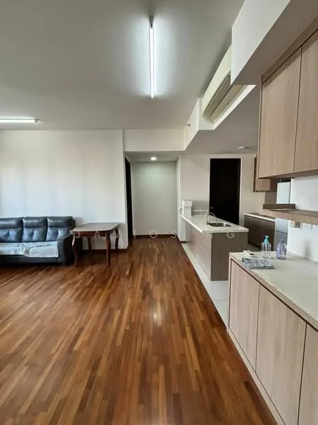 Living features: wooden flooring, grey leather sofa, dining table, recessed ceiling lights, open layout, neutral wall color, air conditioning unit, kitchen cabinetry, countertop, floor-to-ceiling windows; style: modern.