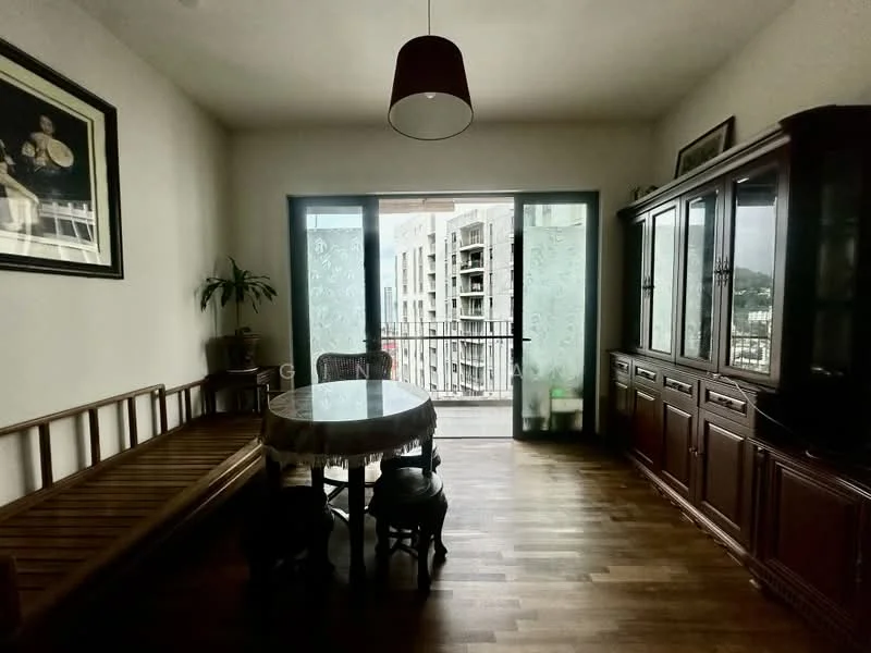 Dining features: wooden dining table, 4 wooden dining chairs, wooden sideboard cabinet, large glass sliding door, balcony access, wooden bench, framed artwork on wall, lampshade pendant light, wooden flooring, indoor plant; style: modern; view: city.