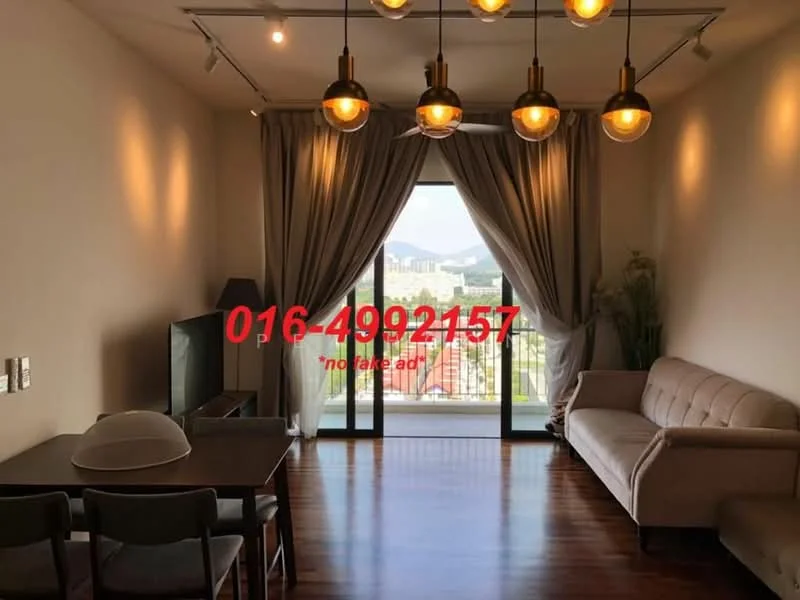 Living features: wood flooring, large sliding glass door, floor-to-ceiling curtains, sofa in beige, dining table for four, pendant lighting with multiple bulbs, TV console, decorative plants, wall-mounted TV; style: modern; view: city.