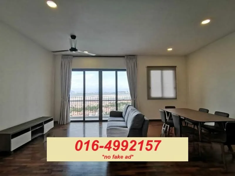 Living features: 3-seater fabric sofa in grey, wooden coffee table, TV console with storage, floor-to-ceiling windows, curtains, ceiling fan, wooden flooring, wall-mounted TV, dining table with chairs; style: modern; view: city.