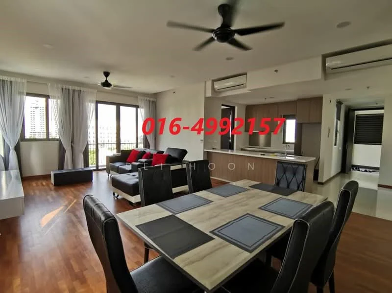 Living features: 3-seater fabric sofa in black and red, 2-seater fabric sofa in black, coffee table, TV console, wall-mounted TV, area rug, floor-to-ceiling windows, curtains, wooden flooring, ceiling fan, recessed downlights, dining table with 6 chairs; style: modern; view: city. Kitchen features: kitchen island, stainless-steel sink, built-in oven, freestanding range oven, microwave, stainless-steel range hood, cabinets, countertop, refrigerator; style: modern.