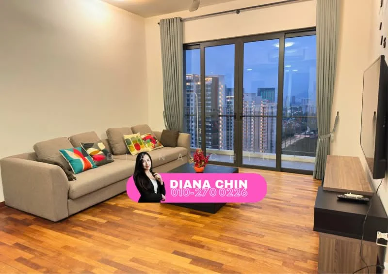 Living features: 3-seater fabric sofa in grey, colorful throw pillows, wooden flooring, floor-to-ceiling windows, city skyline view, wall-mounted TV, TV console, decorative plant, coffee table; style: modern; view: city.