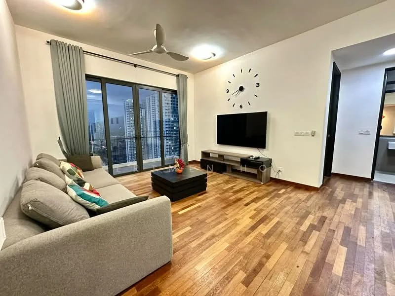 Living features: 3-seater fabric sofa in grey, decorative cushions, wood coffee table, wall-mounted TV, floor-to-ceiling windows, city skyline view, wooden flooring, 5-blade ceiling fan with light, clock on wall, curtains, wall-mounted light fixtures; style: modern; view: city.