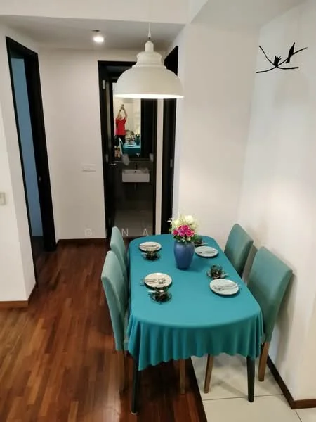 Dining features: wood flooring, teal tablecloth, 4-seater dining table, upholstered dining chairs in teal, pendant light fixture, decorative vase with flowers, small decorative plants, white walls; style: modern. Hallway features: white walls, dark wooden door frames, light flooring, mirror visible in hallway.