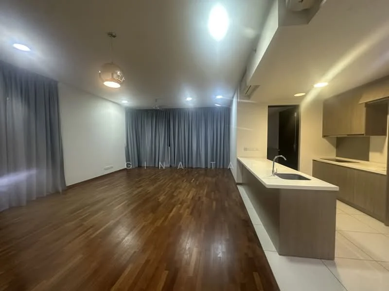 Living features: wood flooring, white painted walls, recessed downlights, pendant light, floor-to-ceiling windows with sheer curtains, open layout to kitchen, kitchen island with countertop, grey cabinetry; style: modern.