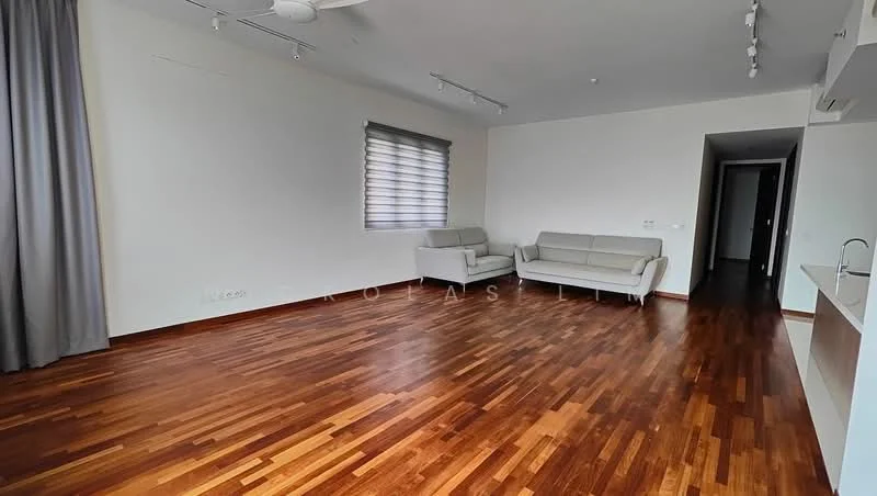 Living features: wooden flooring, white painted walls, floor-to-ceiling windows with blinds, 2-seater fabric sofa in light color, ceiling fan, recessed downlights, curtains, open layout to kitchen area; style: modern.