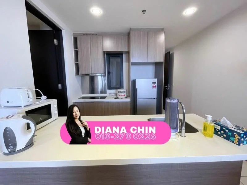 Kitchen features: white countertop, stainless-steel sink, chrome pull-down faucet, built-in oven, freestanding fridge, microwave, white cabinetry, kitchen island, blender, toaster, kettle; style: modern.