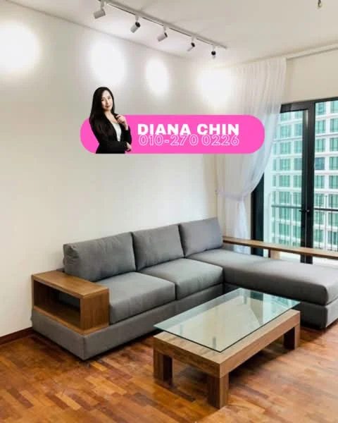 Living features: L-shape sectional sofa in grey, wooden armrest on sofa, glass coffee table, wooden base on coffee table, white painted walls, track lighting, floor-to-ceiling windows, sheer curtains, wooden flooring; style: modern.