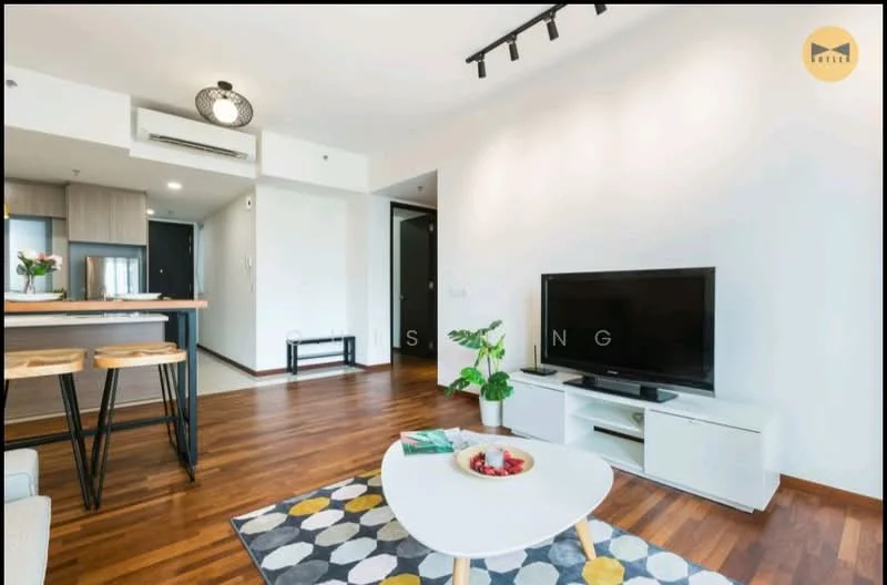 Living features: wooden flooring, white painted walls, recessed downlights, ceiling light fixture, wall-mounted TV, TV console, coffee table, area rug with geometric pattern, sofa, bar stools, open kitchen layout; style: modern.