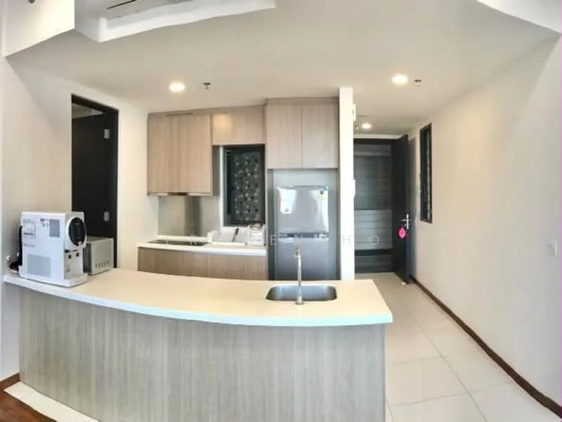 Kitchen features: white quartz countertop, single-bowl stainless-steel sink, chrome pull-down faucet, built-in oven, stainless-steel fridge, wood cabinetry, ceramic tile flooring, recessed downlights, open shelving, window with view, kitchen island with seating; style: modern.