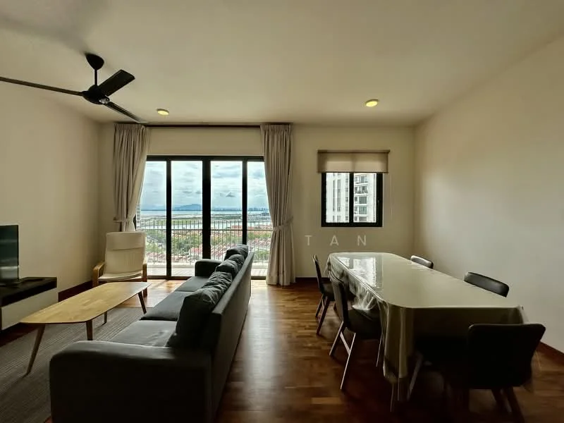 Living features: 3-seater fabric sofa in grey, coffee table, TV console, wall-mounted TV, area rug, 5-blade ceiling fan, floor-to-ceiling windows, curtains, wooden flooring, decorative wall, dining table with chairs; style: modern; view: city.