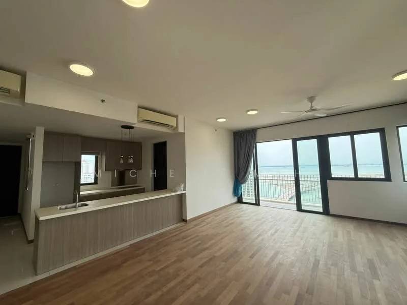 Living features: wooden flooring, white painted walls, recessed downlights, 5-blade ceiling fan, floor-to-ceiling windows, sliding glass door, curtains, open layout to kitchen, view of the sea; style: modern; view: sea. Kitchen features: kitchen island, white cabinetry, stainless-steel sink, chrome pull-down faucet, built-in oven, freestanding range oven, refrigerator, open layout to living area; style: modern.