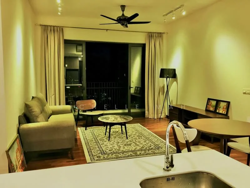 Living features: 3-seater fabric sofa in grey, wooden coffee table, area rug with geometric pattern, floor-to-ceiling windows, curtains, ceiling fan with light, wooden flooring, decorative floor lamp, wall-mounted artwork, TV console, side table; style: modern; view: city.