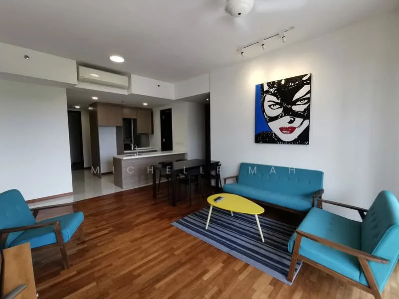 Living features: wooden flooring, white painted walls, ceiling fan, 3-seater fabric sofa in turquoise, 2-seater fabric sofa in turquoise, yellow coffee table, black dining table for 4, area rug with striped pattern, framed artwork on wall; style: modern. Kitchen features: open kitchen layout, white cabinetry, stainless-steel appliances, granite countertop, kitchen island, recessed downlights; style: modern.