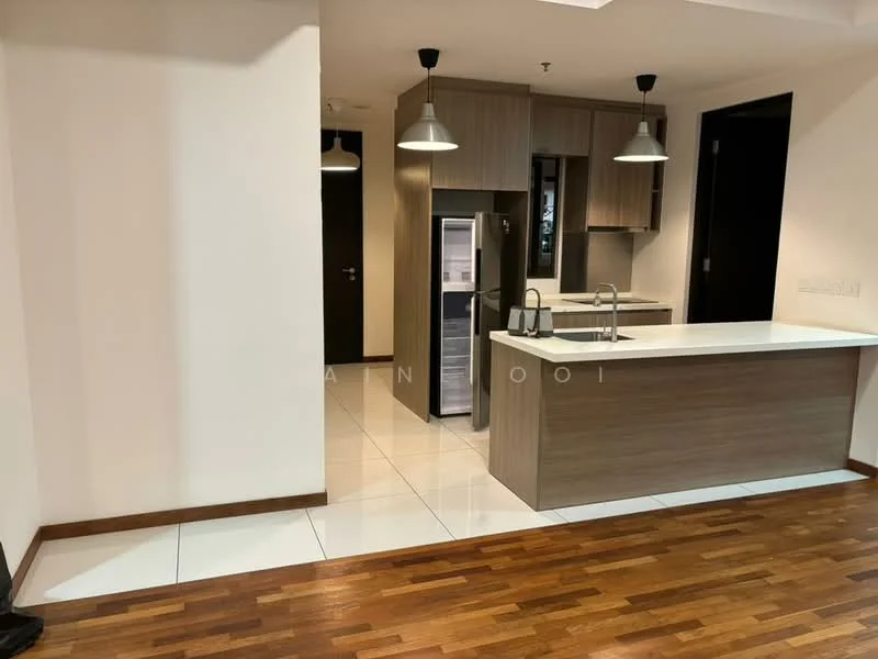 Kitchen features: island countertop with bar seating, stainless-steel sink, chrome pull-down faucet, built-in refrigerator, wood cabinetry, white quartz countertop, pendant lighting, ceramic tile flooring, wood laminate flooring, open layout, wall-mounted cabinets, modern design; style: modern.