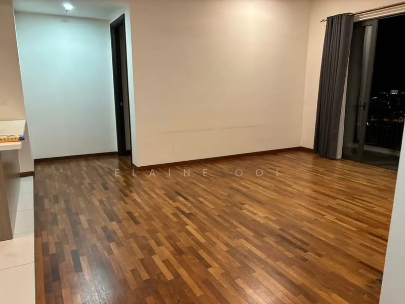 Room features: wooden flooring, white painted walls, floor-to-ceiling windows, grey curtains, recessed ceiling lights, open layout, city view, dark wood door; style: modern; view: city.