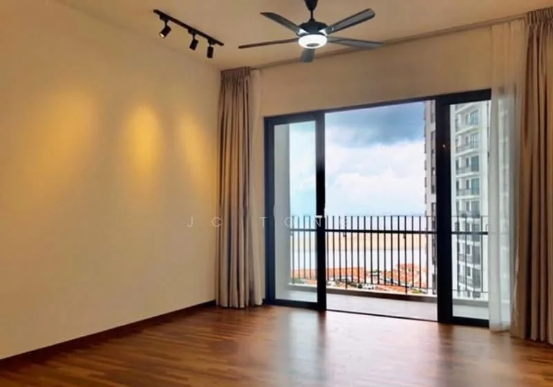 Room features: wooden flooring, white painted walls, 5-blade ceiling fan with light, floor-to-ceiling windows, curtains, balcony door, city view, recessed lighting; style: modern; view: city.