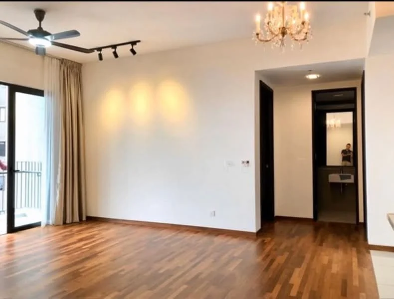 Living features: wooden flooring, 5-blade ceiling fan, chandelier, floor-to-ceiling windows, sliding glass door, sheer curtains, white painted walls, track lighting; style: modern. Room features: white painted walls, doorway leading to another room, light fixture.