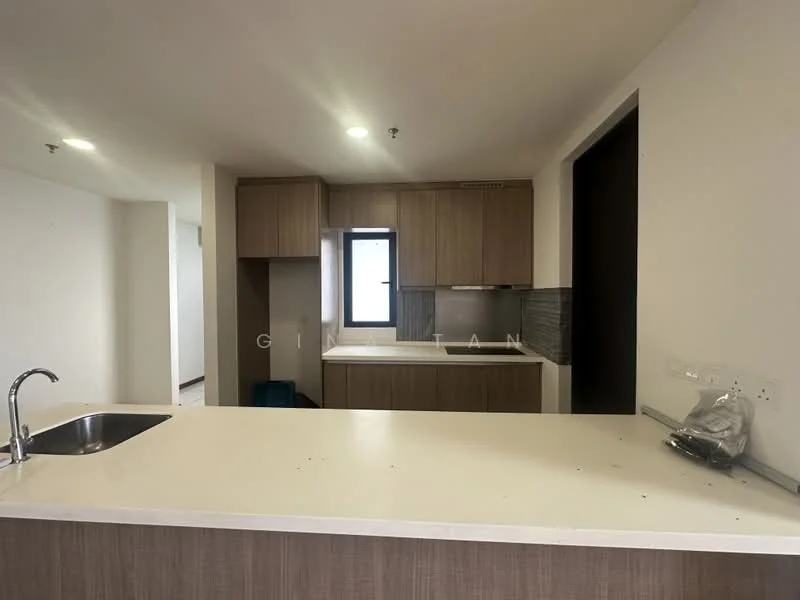 Kitchen features: single-bowl stainless-steel sink, chrome pull-down faucet, laminate countertop, wood cabinetry, built-in oven, ceramic tile backsplash, recessed downlights, open shelving, grey wall tiles, white walls; style: modern.