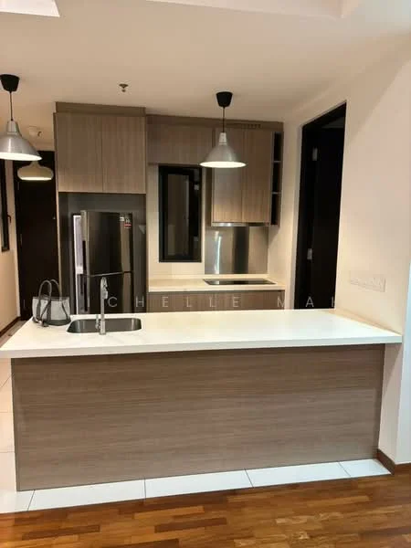Kitchen features: white quartz countertop, wood cabinetry, stainless-steel fridge, built-in oven, stainless-steel sink, chrome pull-down faucet, pendant lighting, tile flooring, window with view, open shelving; style: modern.