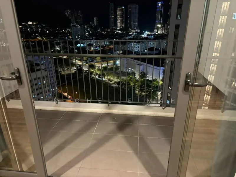 Balcony features: glass railing, tile flooring, city skyline view, night lighting, sliding glass doors; style: modern; view: city.