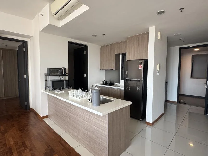 Kitchen features: white quartz countertop, wood cabinetry, stainless-steel fridge, built-in oven, freestanding microwave, double-bowl stainless-steel sink, chrome pull-down faucet, 4-burner gas hob, pendant lighting, tile flooring, wall-mounted split AC; style: modern. Room features: wooden flooring, open layout, white painted walls.