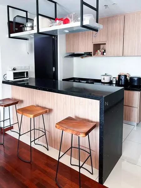 Kitchen features: black granite countertop, wood cabinetry, stainless-steel microwave, built-in stove, black pots, white rice cooker, open shelving, bar stools with wooden seats, white tiled backsplash, recessed lighting, dark wood flooring; style: modern.