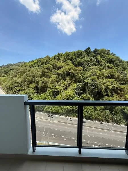 Room features: balcony with glass railing, tile flooring, view of greenery, view of road, blue sky, mountainous landscape; view: mountain.