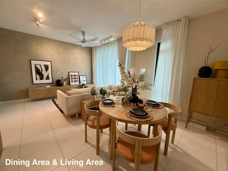 Dining features: round dining table, wooden dining chairs, decorative vase with flowers, table setting with plates and cutlery, pendant lamp, 5-blade ceiling fan, large windows with sheer curtains, neutral wall color, tile flooring, decorative wall art; style: modern. Living features: fabric sofa, coffee table, decorative wall art, side table, floor lamp, large windows with sheer curtains, neutral wall color, tile flooring; style: modern.
