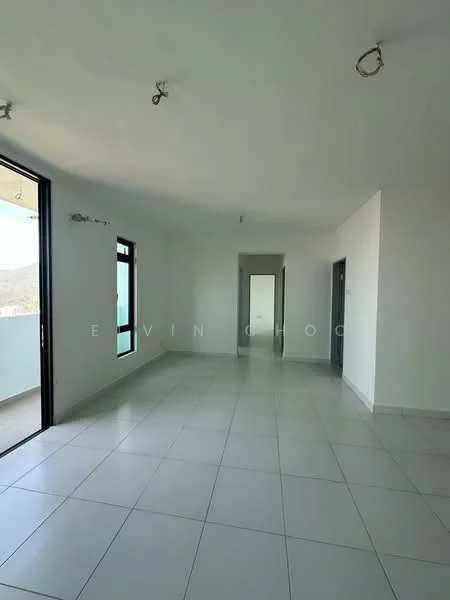 Room features: white painted walls, large floor-to-ceiling windows, sliding glass door, tile flooring, recessed downlights, open layout, neutral color scheme, balcony access; style: modern.