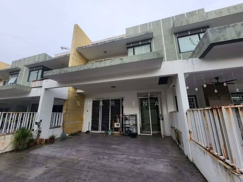 Exterior type: linked terrace house; features: two-storey building, grey painted facade, balconies on upper floor, large glass sliding doors, white railings, concrete flooring, outdoor space with potted plants, overcast sky, minimal landscaping, modern architectural design; style: modern.