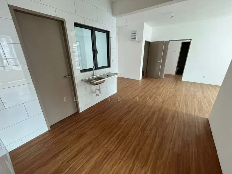 Room features: laminate flooring, white painted walls, kitchenette with sink, single-bowl stainless-steel sink, black framed window, two doors leading to other rooms, natural light from window, open layout; style: modern; view: city.