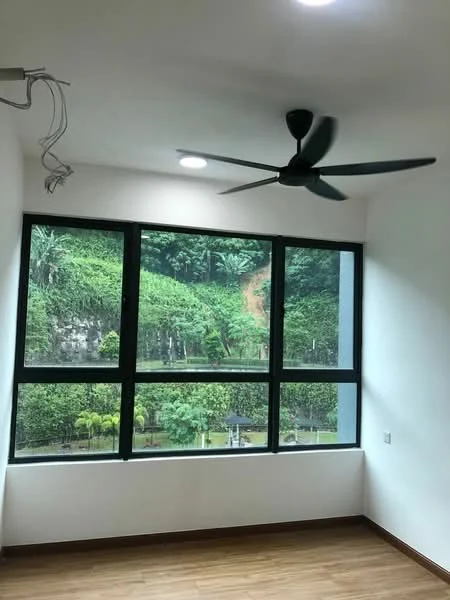 Room features: large floor-to-ceiling windows, black ceiling fan, white painted walls, wooden flooring, recessed LED downlights, view of greenery; style: modern; view: garden.