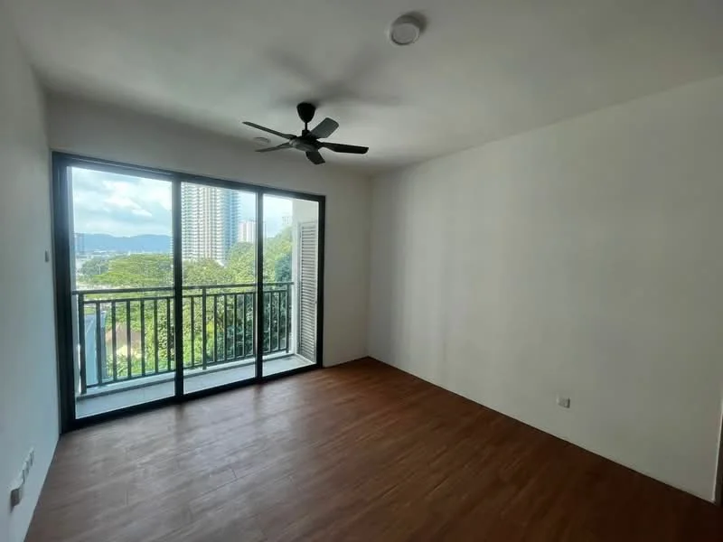 Room features: wooden flooring, white painted walls, 5-blade ceiling fan, floor-to-ceiling windows, balcony door, mountain view, natural light, no visible furniture; style: modern; view: mountain.
