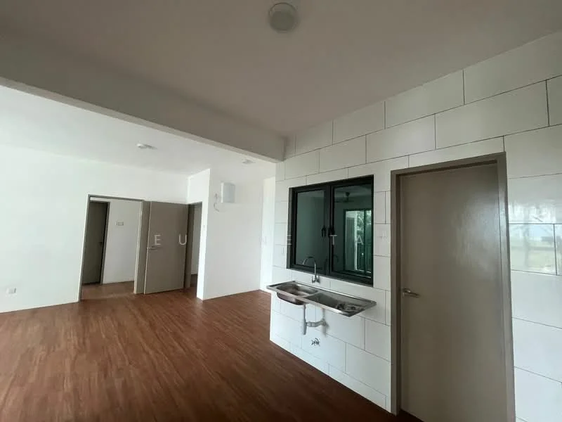 Kitchen features: double-bowl stainless-steel sink, chrome pull-down faucet, white tiled walls, wood laminate flooring, window above sink, open layout, wall-mounted split AC, doorway leading to another room; style: modern. Room features: white painted walls, wood laminate flooring, doorway leading to kitchen.