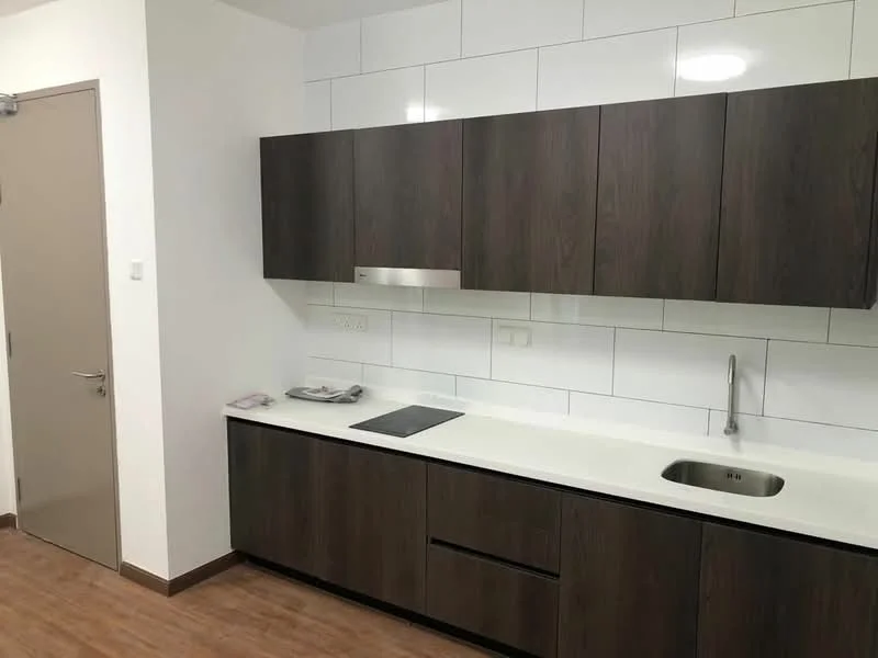 Kitchen features: dark wood cabinetry, white quartz countertop, single-bowl stainless-steel sink, chrome pull-down faucet, built-in stove, white tiled backsplash, recessed downlights, laminate flooring, door leading to hallway; style: modern.