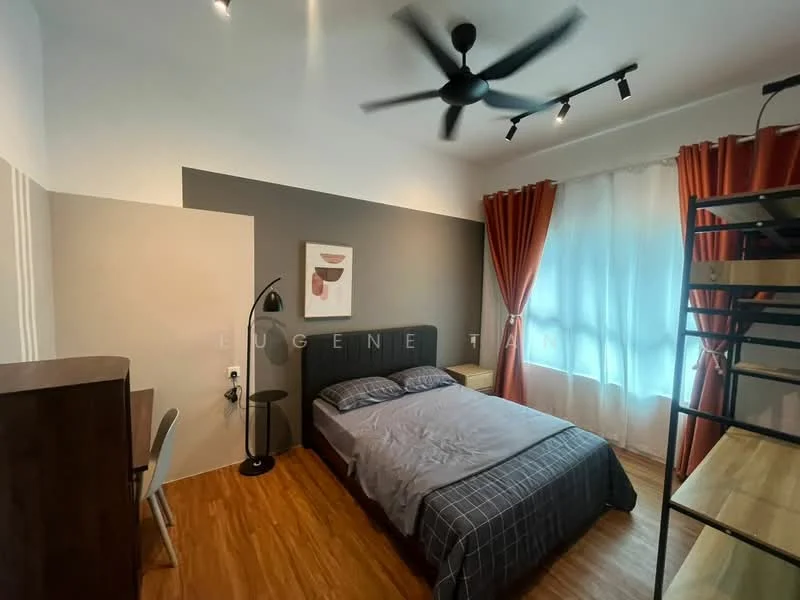 Bedroom features: king-size bed with grey bedding, upholstered headboard, wooden flooring, 5-blade ceiling fan with light, floor-to-ceiling windows with sheer curtains, orange curtains, desk with chair, wall-mounted shelving unit, decorative artwork on wall, lamp with curved stand; style: modern.
