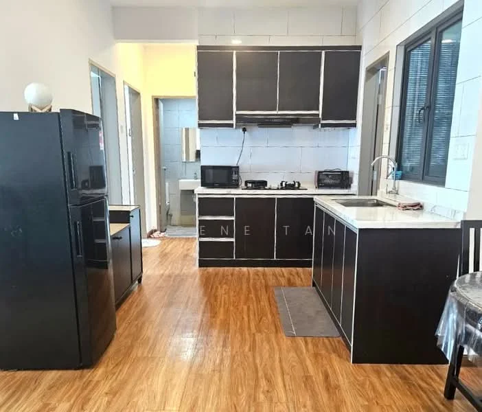 Kitchen features: black cabinetry, white marble countertop, stainless-steel sink, chrome pull-down faucet, built-in microwave, freestanding range oven, black refrigerator, wood laminate flooring, tile backsplash, window with black frames, kitchen island, kitchen utensils visible; style: modern. Room features: doorway leading to bathroom, light-colored walls, wood laminate flooring.