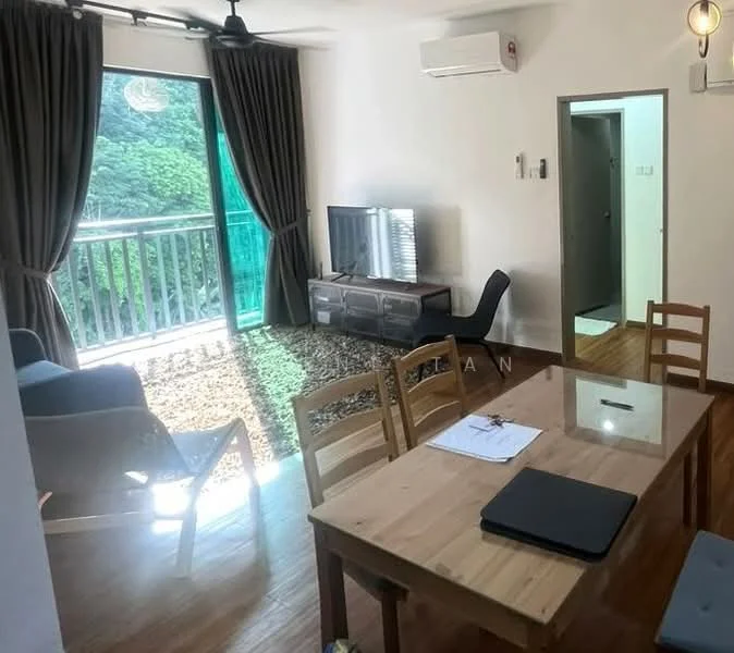 Living features: floor-to-ceiling windows, dark brown curtains, wooden flooring, 3-seater fabric sofa in blue, TV console, wall-mounted TV, coffee table, area rug, ceiling fan, air conditioning unit; style: modern; view: garden. Dining features: wooden dining table, 4 wooden dining chairs, notebook on table, laptop on table; style: modern.