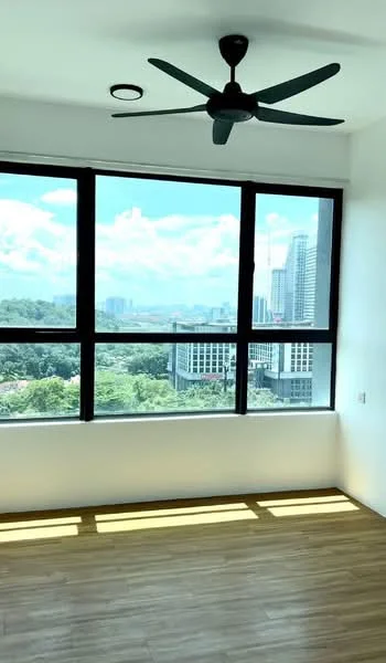 Room features: large floor-to-ceiling windows, city skyline view, wooden flooring, 5-blade ceiling fan, white painted walls, natural light, no visible furniture; style: modern; view: city.