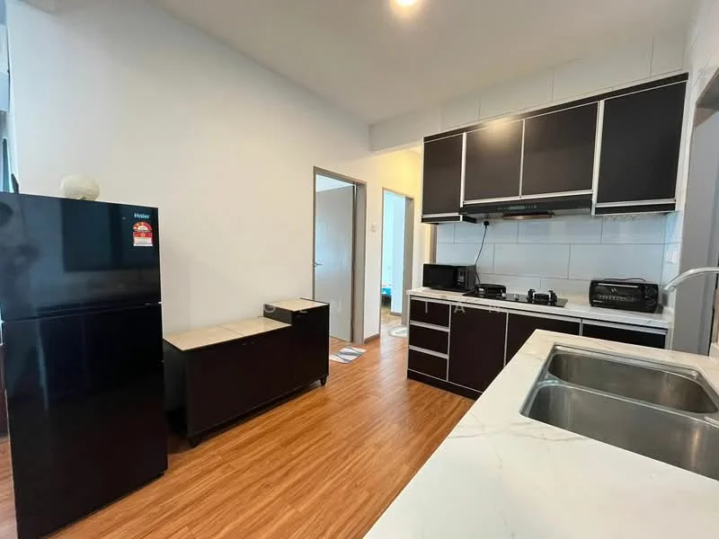 Kitchen features: black refrigerator, black cabinets, white marble countertop, double-bowl stainless-steel sink, chrome pull-down faucet, built-in gas stove, microwave, wood laminate flooring, white tiled backsplash, open shelving, kitchen island, wall-mounted cabinets; style: modern.