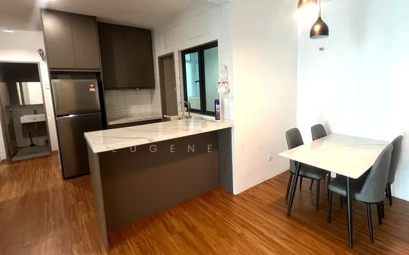 Kitchen features: dark wood cabinetry, white quartz countertop, stainless-steel fridge, built-in oven, 4-burner gas hob, single-bowl stainless-steel sink, chrome pull-down faucet, pendant lighting, open layout to dining area, vinyl plank flooring; style: modern. Dining features: 4-seater dining table, upholstered dining chairs, minimalist design, vinyl plank flooring; style: modern.