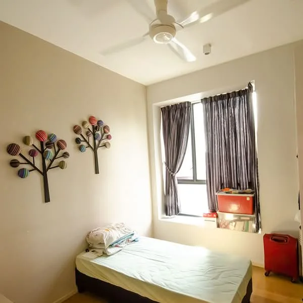 Bedroom features: single bed, ceiling fan, floor-to-ceiling window, blackout curtains, wooden flooring, decorative wall art, nightstand, storage box; style: minimalist.