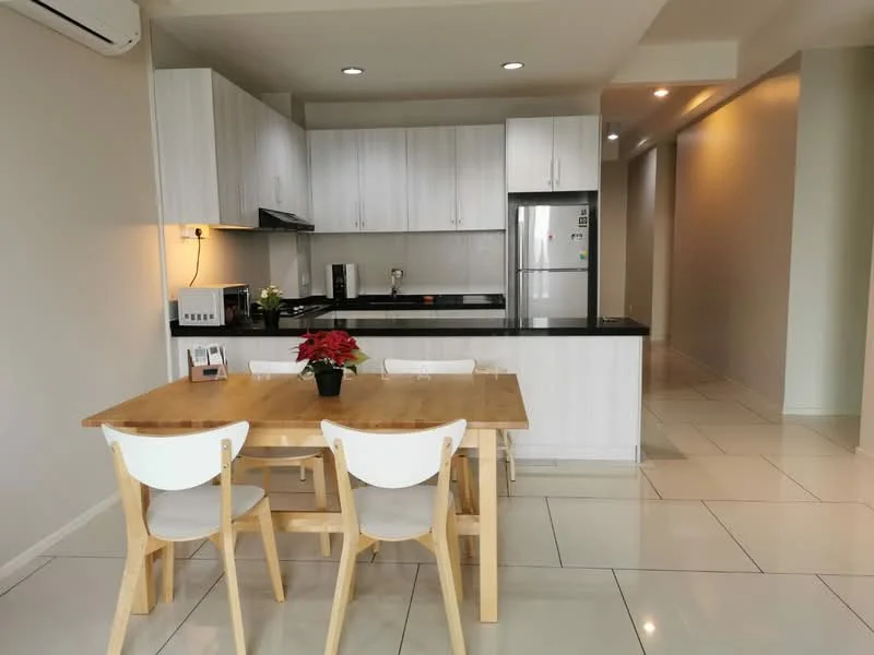Kitchen features: white shaker cabinets, black granite countertop, stainless-steel fridge, built-in oven, freestanding range oven, microwave, single-bowl stainless-steel sink, chrome pull-down faucet, ceramic tile flooring, recessed downlights, wall-mounted split AC, dining table with 4 chairs, potted plant on dining table; style: modern.
