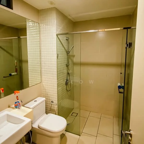 Bathroom features: walk-in shower with glass enclosure, chrome handheld shower, white ceramic toilet, single-sink vanity with white cabinet, mirror above vanity, tile flooring, light beige wall tiles, grout lines in tiles; style: modern.